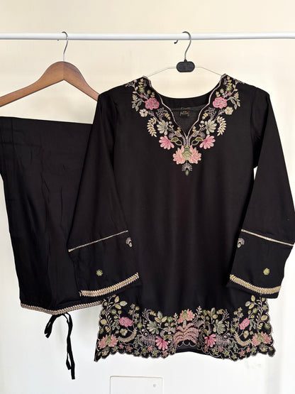 Black Floral Embroidered Rayon Co-ord Set