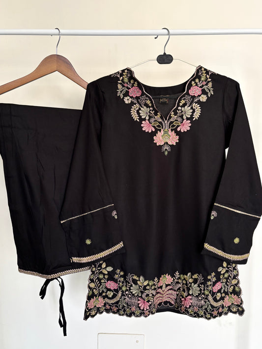 Black Floral Embroidered Rayon Co-ord Set