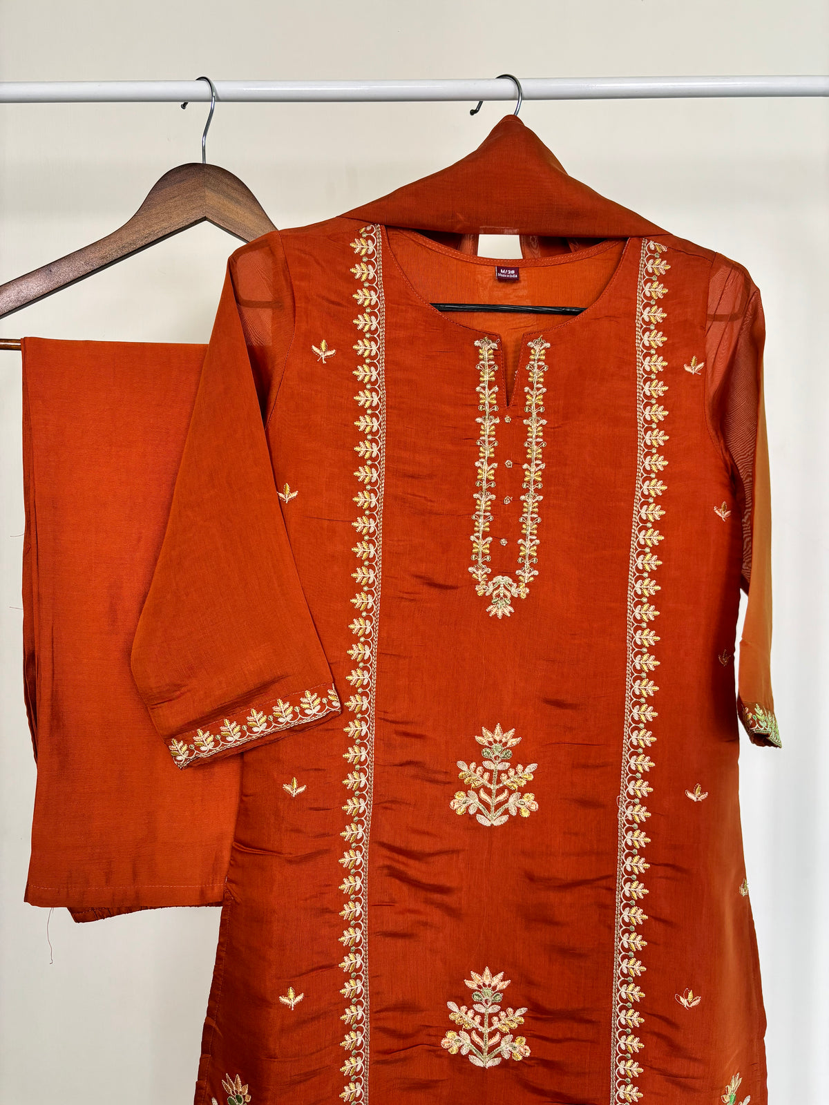 Rust Orange Mul Chanderi Embroidered 3pc Suit Set