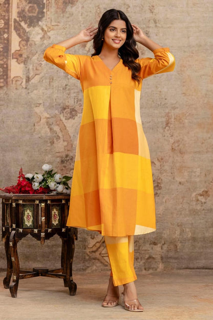 Yellow Abstract Checked Pure Cotton Kurta Set