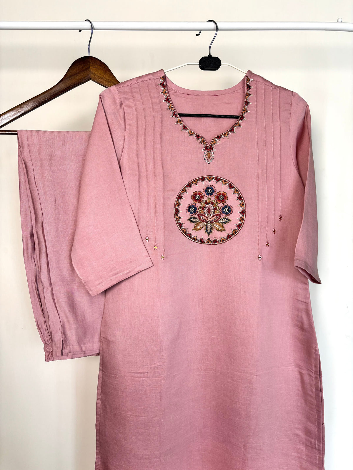 Dusty Pink Embroidered Soft Silk Suit Set