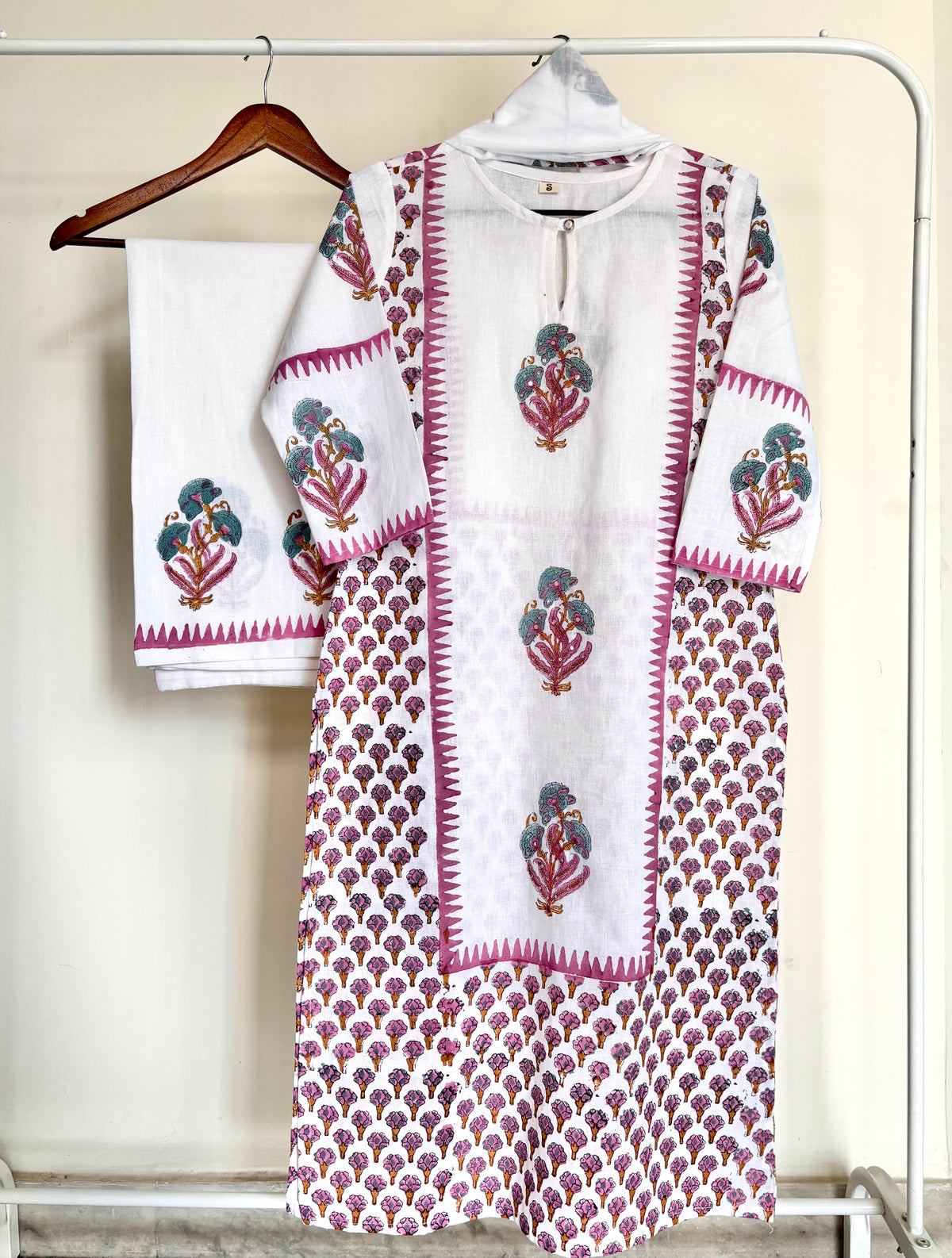 Off-White & Pink Block Printed Khadi Cotton Suit Set
