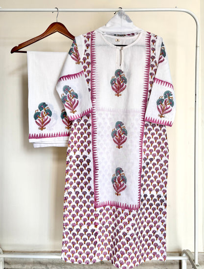 Off-White & Pink Block Printed Khadi Cotton Suit Set
