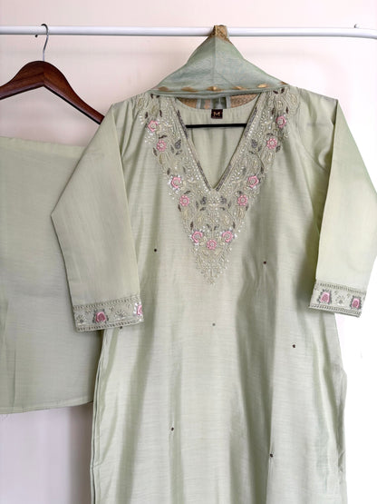 Light Pista Green Embroidered Soft Silk Suit Set with Floral Organza Dupatta