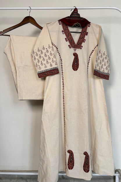 Off-White & Maroon Khadi Cotton Ajrakh Suit Set