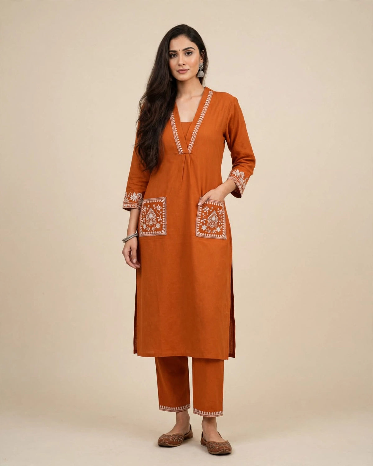 Rust Orange Khadi Cotton Embroidered 2pc Kurta Pant Set
