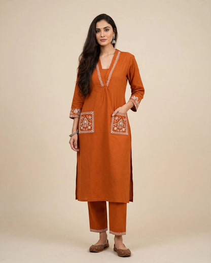 Rust Orange Khadi Cotton Embroidered 2pc Kurta Pant Set
