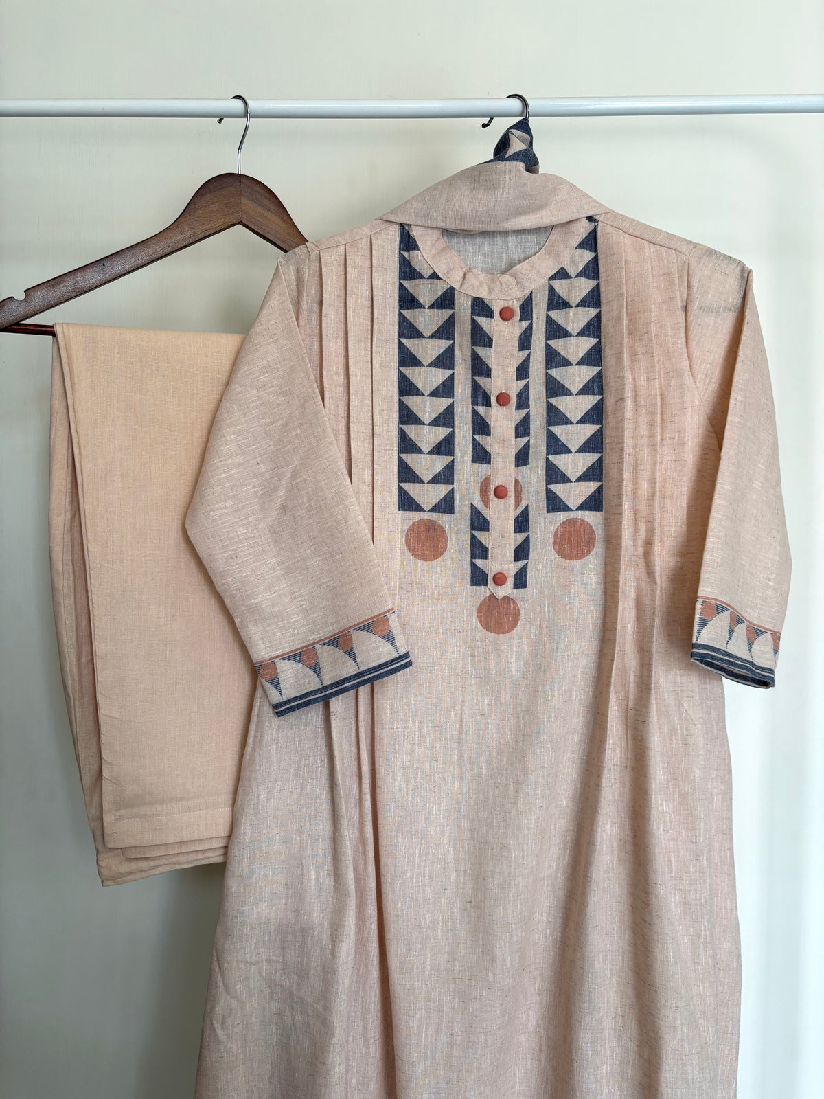 Peach & Indigo Linen Cotton Geometric Printed Suit Set