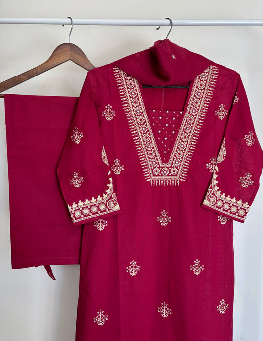 Magenta Pink Pure Cotton Dori Embroidered Suit Set