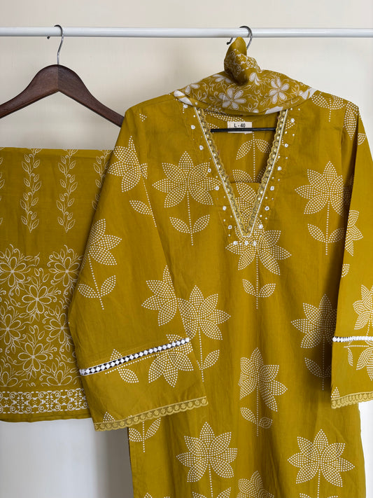 Mustard Yellow Floral Printed Cotton Suit Set
