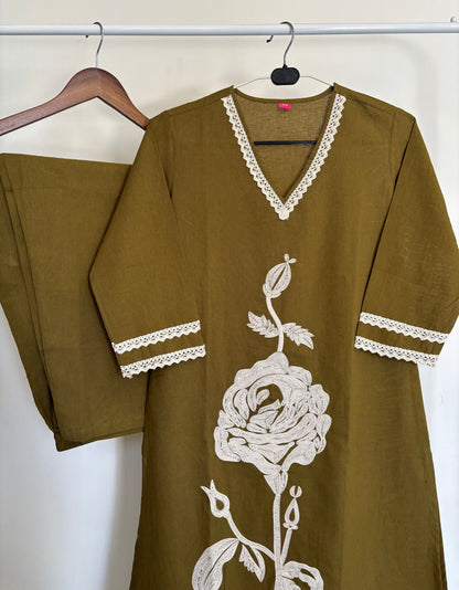 Olive Green Khadi Cotton Kurta Set