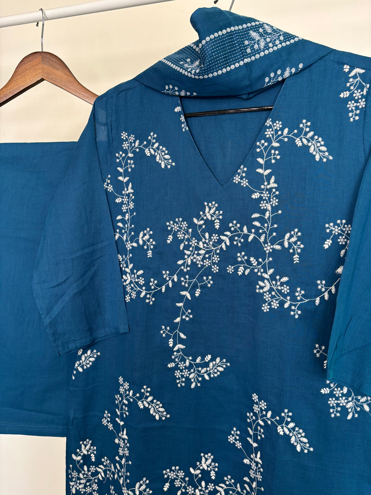 Dark Blue Mul Cotton Embroidered Suit Set