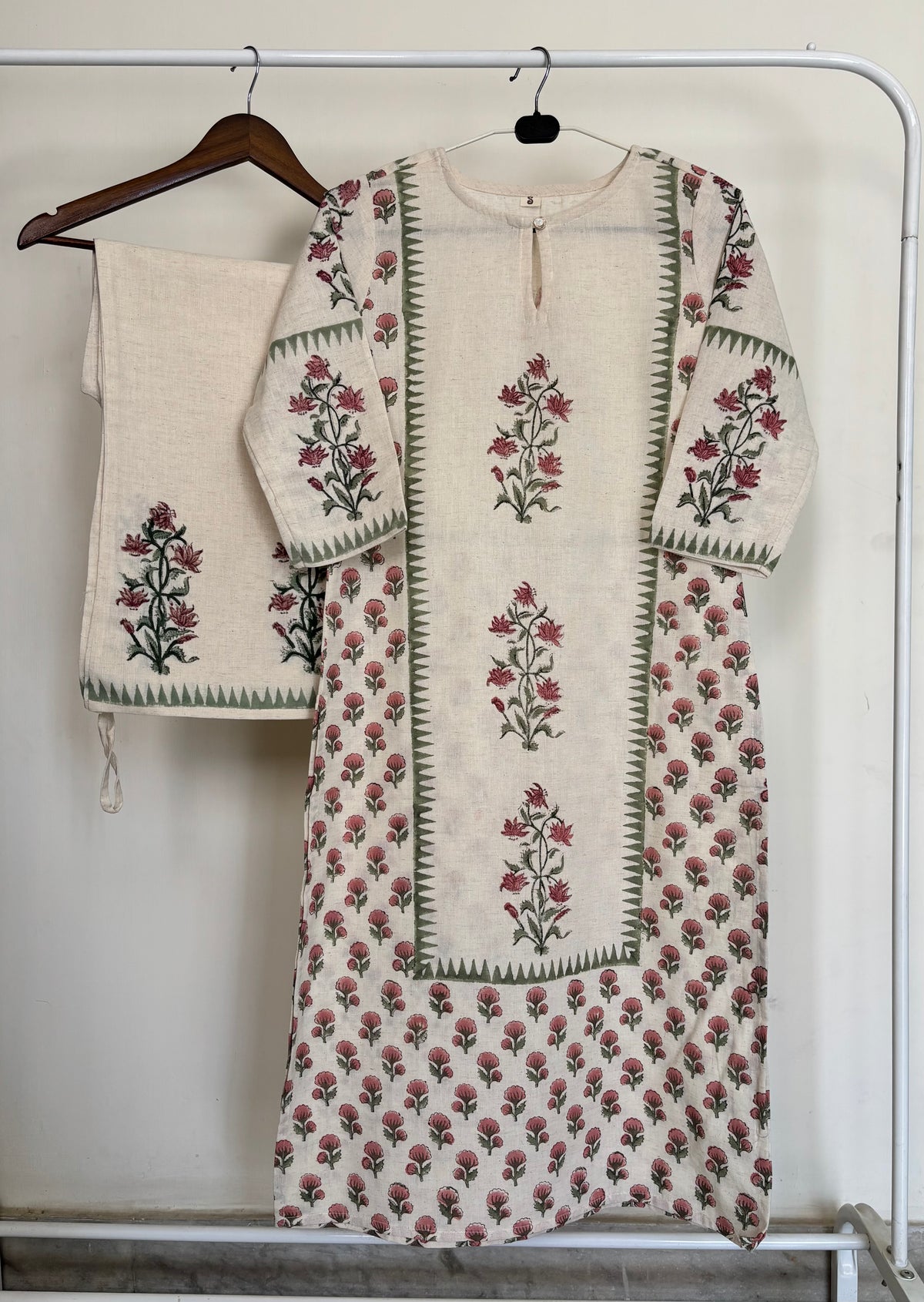 Cream Khadi Cotton Hand Block Printed 2pc Set
