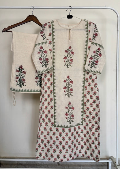 Cream Khadi Cotton Hand Block Printed 2pc Set