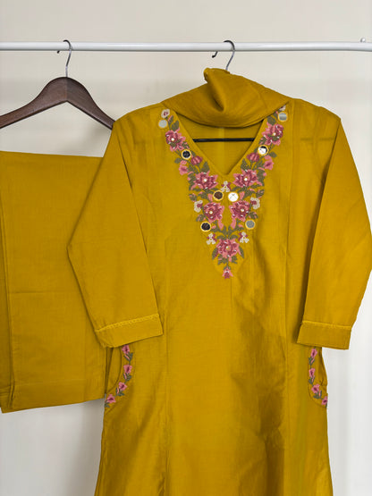 Mustard Yellow Pure Cotton Cross-Stitch Embroidered Suit Set