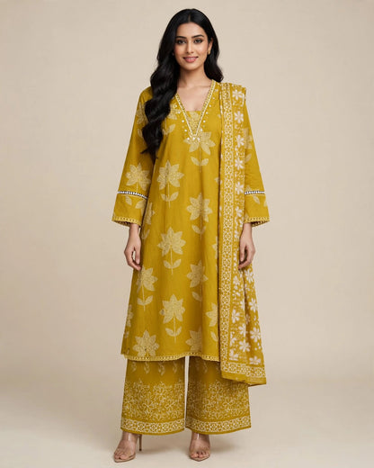 Mustard Yellow Floral Printed Cotton Suit Set