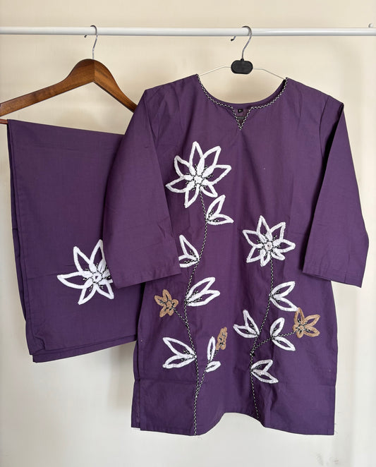 Purple Pure Cotton Embroidered Co-ord Set