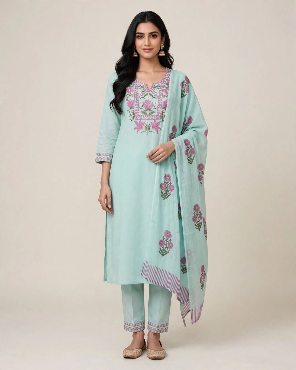 Aqua Blue Pure Cotton Embroidered Suit Set