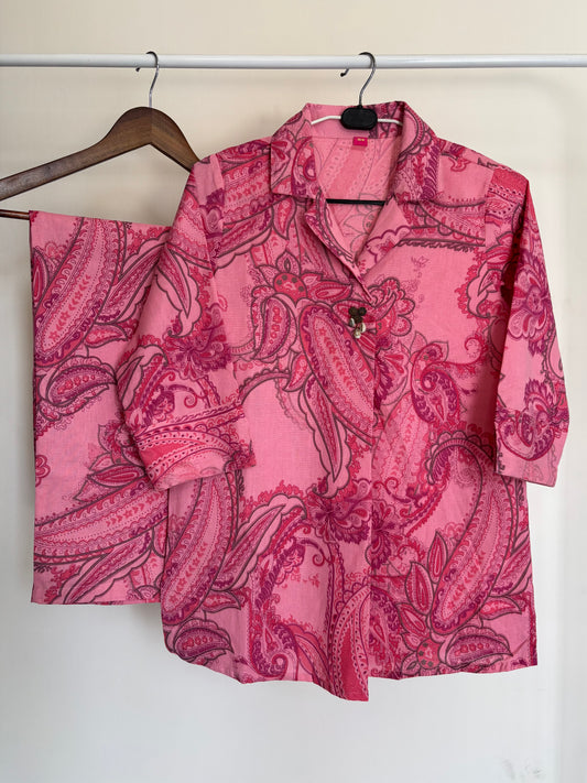 Pink Khadi Cotton Paisley Printed Co-ord Set