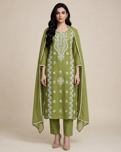 Leaf Green Mul Cotton Embroidered Suit Set