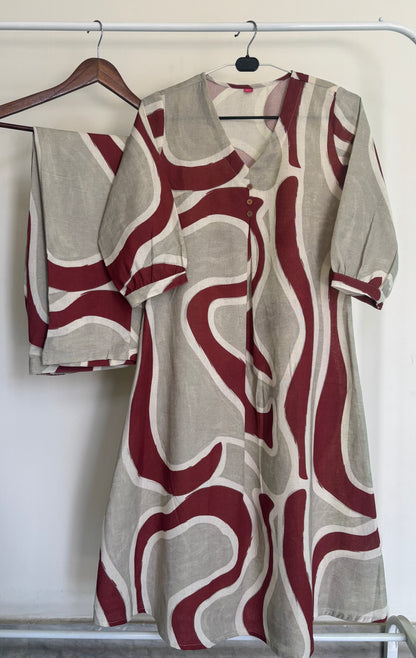 Grey & Terracotta Abstract Khadi Cotton 2pc Kurta Set