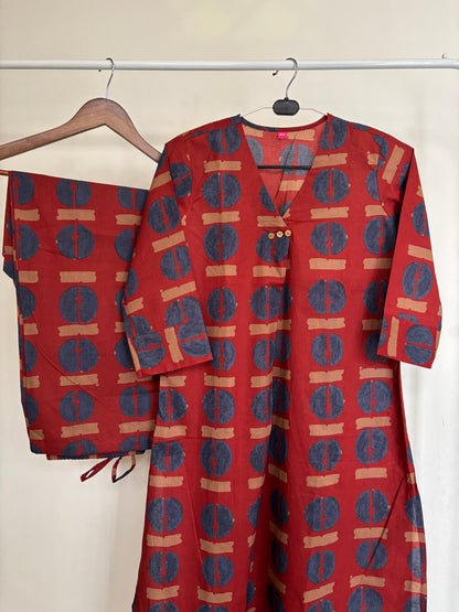 Brick Red Abstract Printed Cotton Kurta Palazzo Set