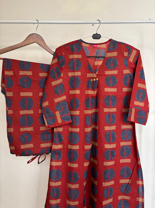 Brick Red Abstract Printed Cotton Kurta Palazzo Set