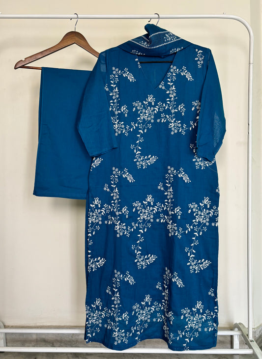 Dark Blue Mul Cotton Embroidered Suit Set