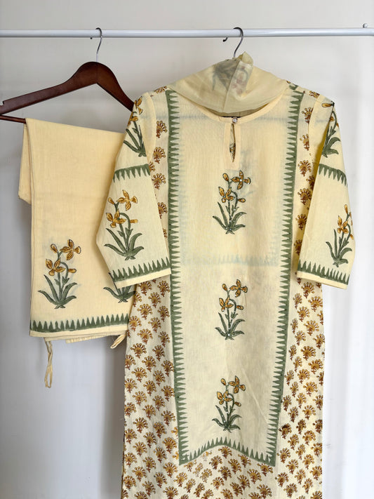 Lemon Yellow Block Printed Khadi Cotton Suit Set